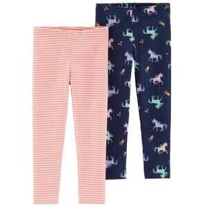 Carters Girls 2 Pack Leggings Navy Unicorns Pink Stripes 14 NEW